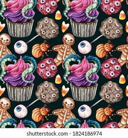 Watercolor Illustration. Sweet Halloween. Cupcake, Gingerbread Cookie, Chocolate Chip Cookies, Candy Corn, Cake Pop. Handmade, Dark  Background, Seamless Pattern