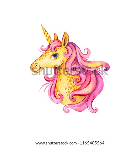 Watercolor illustration of a sweet pink haired unicorn