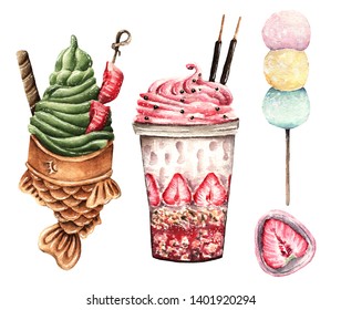 Watercolor illustration. Sweet summer, milkshake, Fish Ice Cream Taiyaki, mochi, handmade, set - Powered by Shutterstock