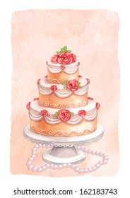 Watercolor Illustration Of Sweet Wedding Cake 