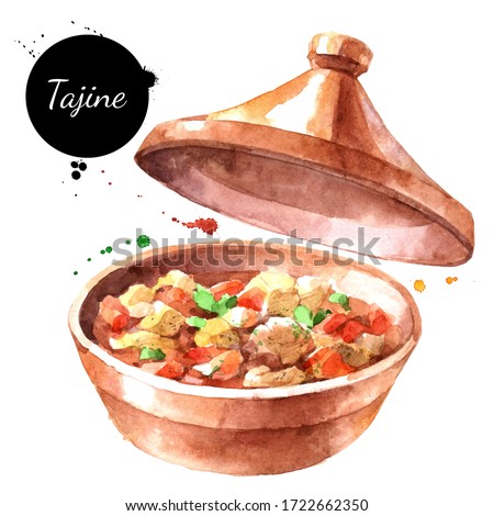 Watercolor illustration of tajine. Painted isolated marrakech traditional food on white background