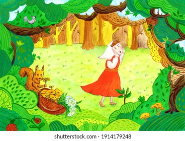 Watercolor illustration  to the tale “Girl Masha and the Bear”. Basket with mushrooms. Squirrel. Girl in the woods. children print. Image funny fairytale character. Fairy pattern.