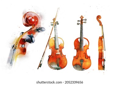 watercolor illustration tand of violin with bow isolated on white background