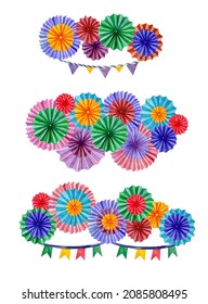 Watercolor Illustration. Three Compositions Of Colored Paper Fans And A Garland Of Flags. . Mexican Folklore