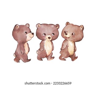 Watercolor illustration three cubs walking   talking  Bear cub illustration  Postcard for Children's Day  Teddy Bear Fun Walk