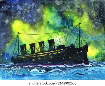 watercolor illustration of titanic silhouette on night sky background. A hand-drawn ship or liner