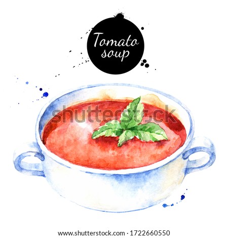 Watercolor illustration of tomato soup. Painted isolated natural food on white background