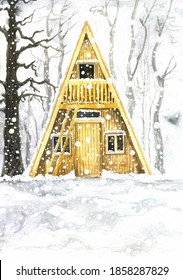 Watercolor Illustration Of A Tourist Lodge Or Cabin In The Woods In Winter In A Snowfall. Wooden Hut