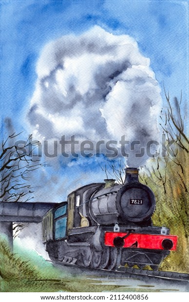 Watercolor\
illustration of a train driving under a railway bridge with a steam\
locomotive releasing a cloud of\
steam
