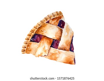 Watercolor Illustration Of Triangle Slice Of Blackberry Pie. Hand Drawn Bakery, Isolated On White