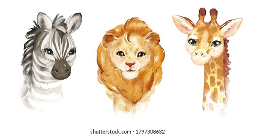 
Watercolor Illustration Tropical Animal Portraits. Exotic Kids Summer Print For Party. Cute Poster With  Zebra, Lion, Giraffe