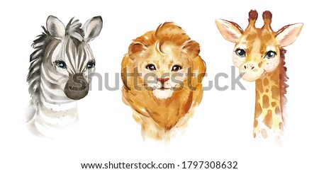 
Watercolor illustration tropical animal portraits. Exotic kids summer print for party. Cute poster with  zebra, lion, giraffe