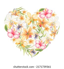 Watercolor Illustration Of Tropical Leaves And Flowers In The Shape Of A Heart. Hibiscus, Plumeria, Orchid Palm Leaves. Suitable For Making Summer Wedding Invitations And Holiday Cards