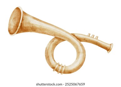 Watercolor illustration of Trumpet on isolated background. Drawing of golden Musical instrument for melody and sound. Hand drawn sketch for greeting cards or invitations. Retro Baby Toy for any design - Powered by Shutterstock