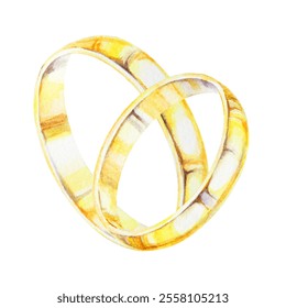 Watercolor illustration of two intertwined golden wedding rings ideal for wedding invitations, romantic projects, anniversary designs. Symbolizing love, unity, commitment. Handdrawn isolated clipart - Powered by Shutterstock