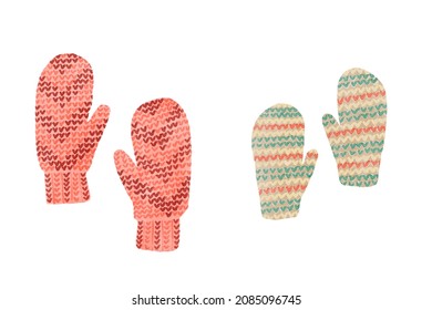 Watercolor Illustration. Two Pairs Of Hand-knitted Mittens