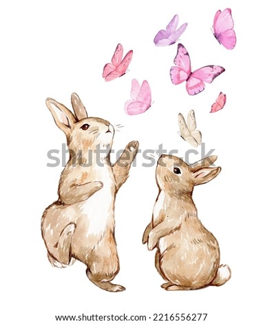 Watercolor Illustration Of Two Rabbits Playing and Catching Pink Butterflies. Bunnies Playing on a Meadow.