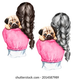 Watercolor illustration of two women with pugs in their arms. Young and elderly woman with a pug dog. 