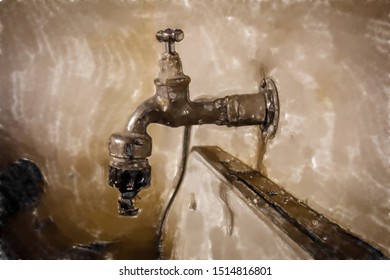 Watercolor Illustration: Ugly Old Rotten Faucet On A Shabby Weathered Patchy Wall