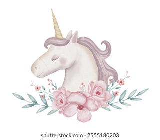 Watercolor illustration of a Unicorn with a pastel pink mane surrounded by delicate rose Flowers and green foliage. drawing of horse for nursery decor, girls birthday cards, and fairytale designs. - Powered by Shutterstock