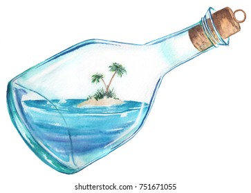 Watercolor Illustration. Uninhabited Island, Ocean Inside The Bottle.