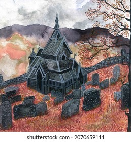 watercolor illustration unique wooden frame Norwegian Borgund Stave Church the 12th century in cemetery and tombstones in autumn season mountain background
