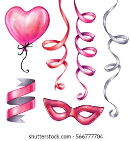 Watercolor Illustration, Valentine's Day Clip Art,  Set, Birthday Party Objects, Carnival Design Elements Isolated On White Background