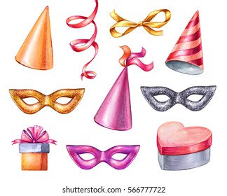 Watercolor Illustration, Valentine's Day Clip Art, Holiday Set, Birthday Party Objects, Carnival Design Elements Isolated On White Background