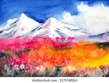 Watercolor illustration valley landscape and blooming pink   orange wildflowers   snow  capped mountains in the background