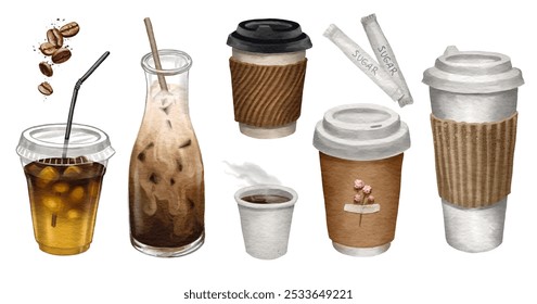 Watercolor Illustration of Various Coffee Drinks: Latte, Espresso, Iced Coffee, Cappuccino, and More on a White Background - Powered by Shutterstock