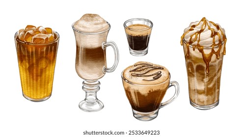 Watercolor Illustration of Various Coffee Drinks: Latte, Espresso, Iced Coffee, Cappuccino, and More on a White Background - Powered by Shutterstock