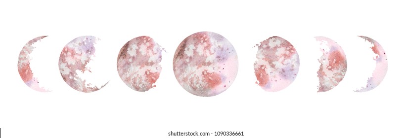 Watercolor illustration: various moon phases isolated on white background. Hand painted modern space design. 