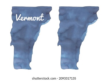 Watercolor Illustration Of Vermont State Map Silhouette. One Single Object, Navy Blue Color. Hand Painted Water Color Drawing On White, Isolated Clip Art Element For Design, Poster, Print, Postcard.