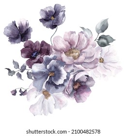 Watercolor Illustration With Very Peri Flowers And Leaves. Floral Bouquet, Isolated On White Background