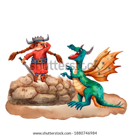 Watercolor illustration of viking girl and dragon. Cartoon portrait of little girl. Viking helmet and sword. Ancient scandinavian arms. Medieval sword and axe. Funny cartoon characters.