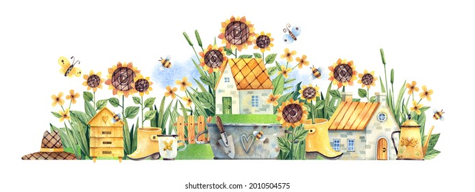 Watercolor illustration of a village street with houses, gardens, beehives, sunflowers and bees. Illustration isolated on white background. Decor for a nursery, a natural food store, kitchen textiles 