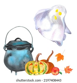 Watercolor illustration vintage cast iron witch's cauldron  cute little ghost   halloween pumpkin  isolated white background  Magic hand drawn collection  Perfect for card design  invitation