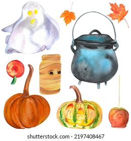 Watercolor illustration vintage cast iron witch's cauldron  cute little ghost  caramel apple   halloween pumpkin  isolated white background  Magic hand drawn collection  Perfect for card