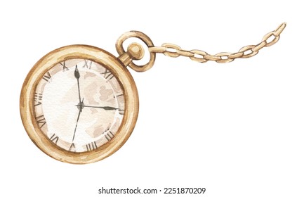 Watercolor illustration with vintage gold pocket watch. Isolated on white. Hand drawn illustrations. For invitations, greeting cards, prints, posters, stickers, packaging and more.