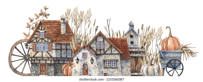 Watercolor illustration in vintage style - vintage half-timbered houses in the autumn garden with pumpkins, dry grass, garden utensils.