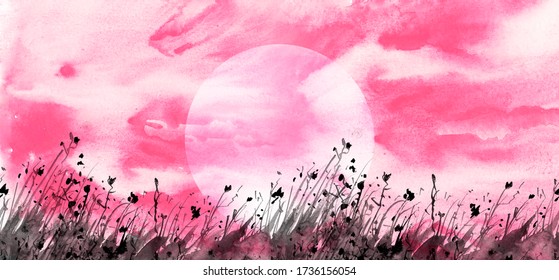 Watercolor Illustration. Vintage Wild Grass, Flowers, Plants, Red Sun, Sunset, Sky. 
Pink, Red Ink, Paint. Rural Landscape With Grass In The Wind. Linear Curb With A Floral Pattern. Full Moon. 