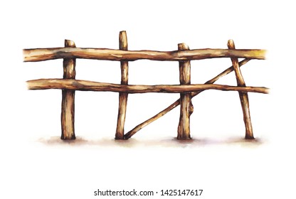 Watercolor Illustration. Vintage Watercolor Wooden Fence