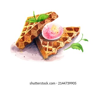 Watercolor Illustration Of Waffles With Icecream