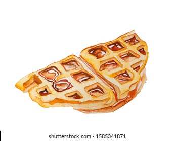 Watercolor Illustration Of Waffles With Syrup Or Caramel. Half Of Circle, Cliced On Two Triangle Pieces. Hand Drawn Dessert, Isolated On White