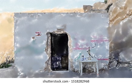 Watercolor Illustration: Waiting House With A Small Kiosk For The Sale Of Water, Soft Drinks And Water Pipes At The Terminus Of A Bus Line At The Large Biosphere Reserve Of Dana, Jordan, Middle East