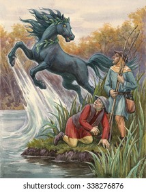 Watercolor Illustration, Water Horse Kelpie Frighten Fisherman .