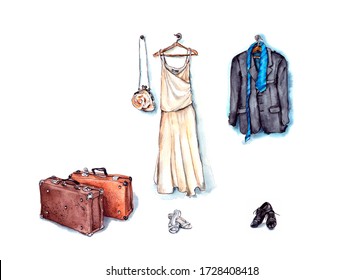 Watercolor Illustration: Wedding White Dress And Men's Suit, Wedding White Shoes And Black Men's Shoes, Leather Brown Suitcases For Wedding Travel, Wedding Accessories, Caricature