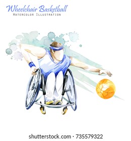 Watercolor Illustration. Wheelchair Backetball Paralympic Sport. Figure Of Disabled Athlete In The Wheelchair With A Racket. Active People. Man. Disability And Social Policy. Social Support.