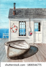 Watercolor Illustration With A White Beach Cabin On A Wood Pier And A Fishing Boat
