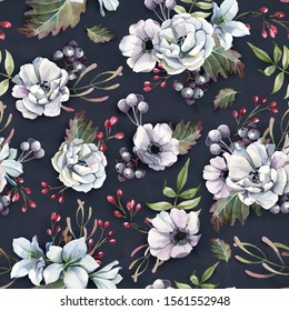 Watercolor Illustration Of White Flowers, Leaves And Red Berries. Winter Seamless Floral Pattern On Dark Gray Background. Floral Element For Wedding And Invitation Cards.